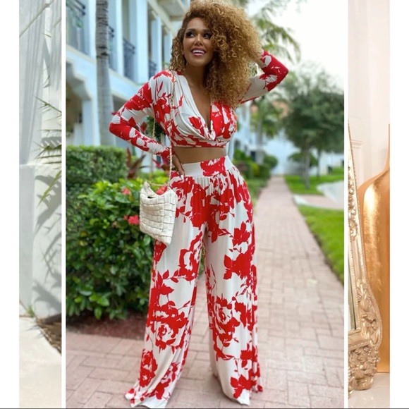 Long Sleeve Open Neck Printed Wide Leg Pant set - Picture 1 of 1